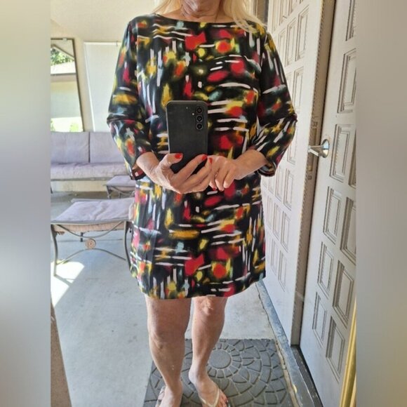 Tildon Dress Multi Color Deep Slit Back SzL Junior Long Sleeves Round Cute Dres - Picture 3 of 16